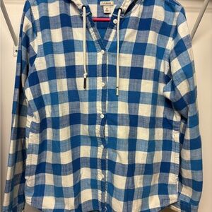 L.L.Bean Blue and white Plaid Hoodie with pockets women’s size Medium